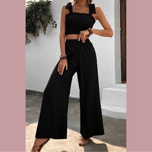 Tie Shoulder Smocked Crop Top and Wide Leg Pants Set